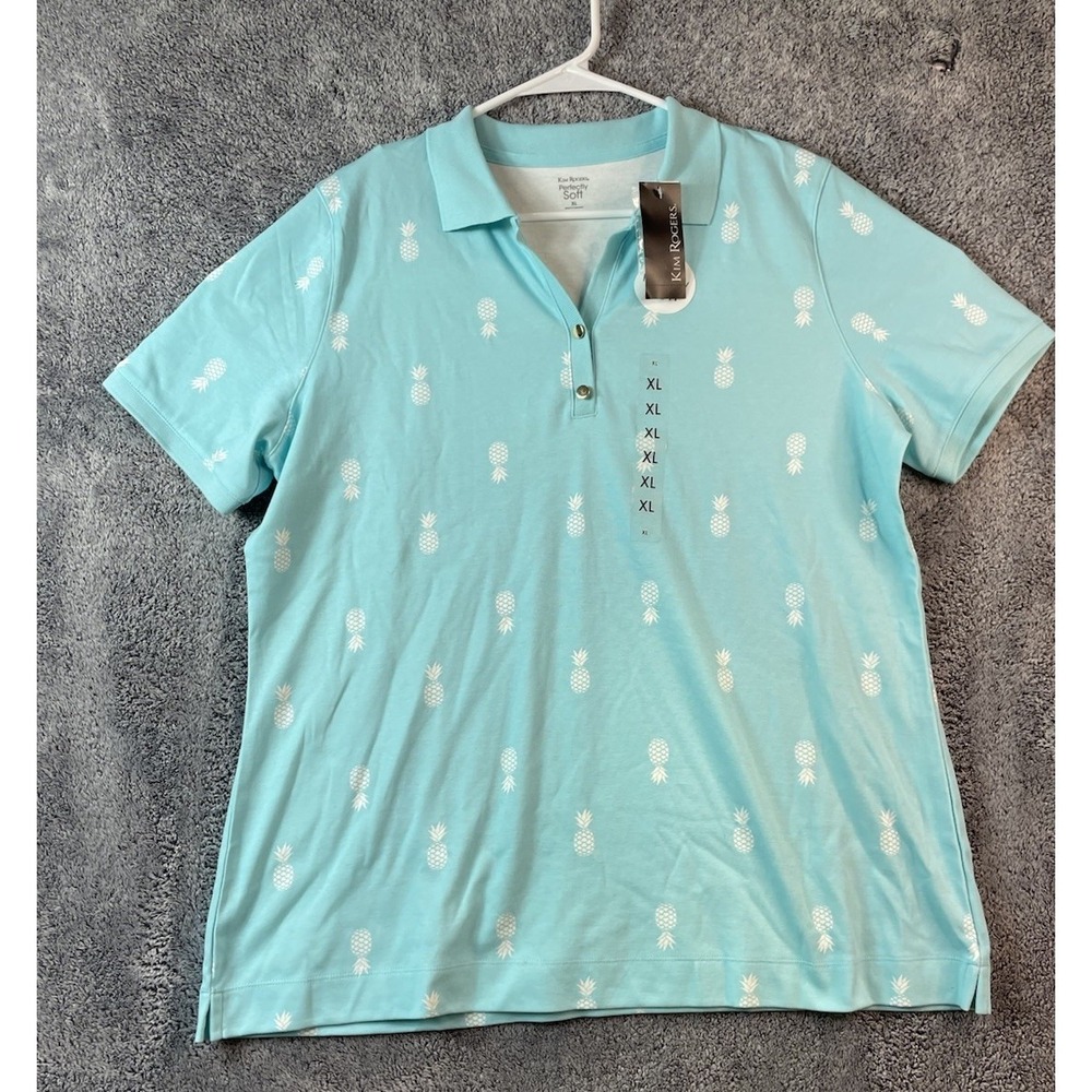 NWT Kim Rogers Women's‎ XL Perfectly Soft Polo Pineapple Print Light Blue